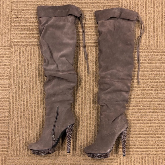 grey over the knee high heel boots